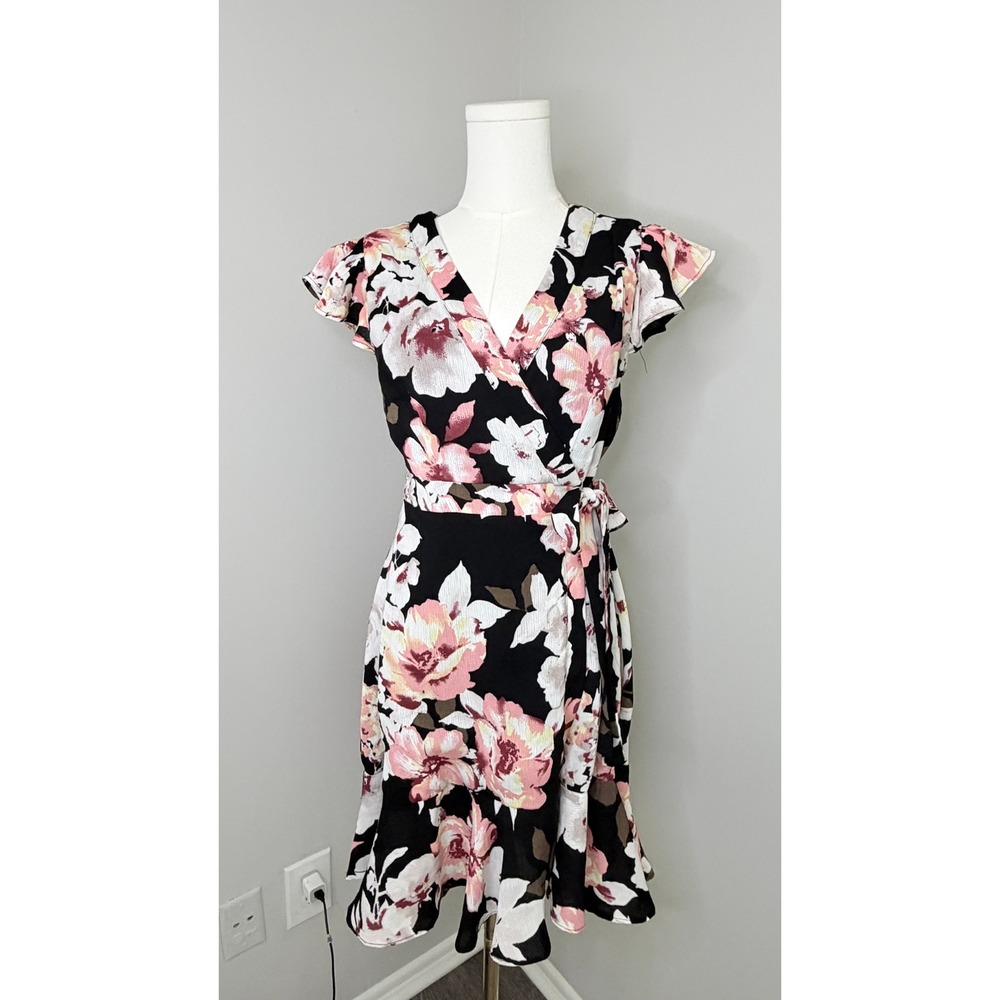 Miami Floral Wrap Dress Women Medium Black Pink Flutter Sleeve Ruffle Hem V-Neck